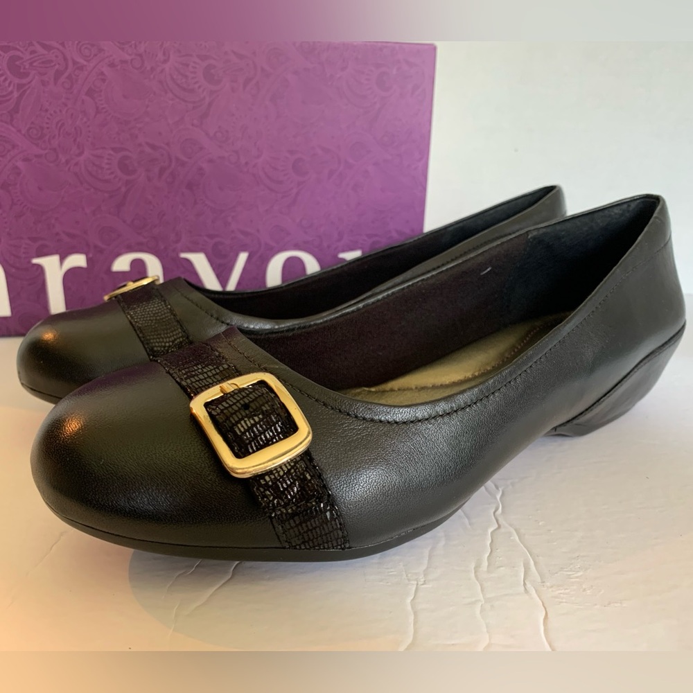 Black Leather Flats with Gold Buckle aravon by New Balance